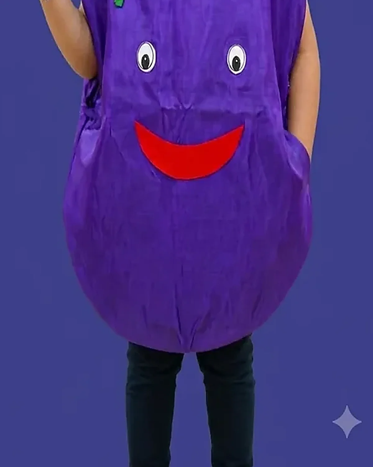 Brinjal Costume for kids — Lower half close-up — Purple/Green colour — Polyester fabric — Indian sizes One Size — Fruits / Vegetables fancy dress for school annual day & sports day — Kolkata & West Bengal delivery — ZapCostumes