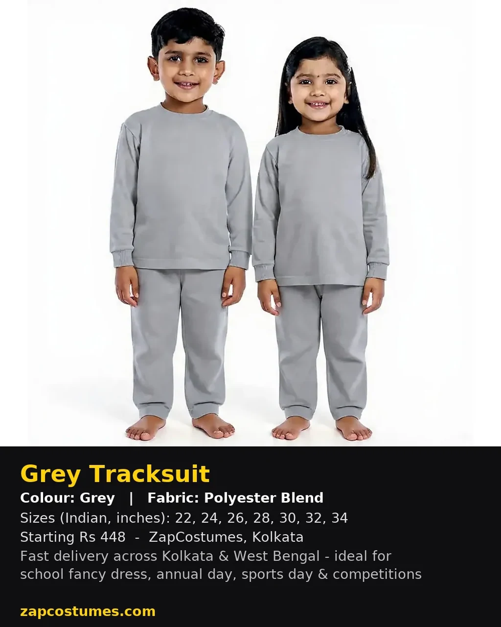 Grey Tracksuit for kids — Size, fabric & delivery details — Grey colour — Polyester Blend fabric — Indian sizes 22–34 — Tracksuits / Jersey fancy dress for school annual day & sports day — Kolkata & West Bengal delivery — ZapCostumes