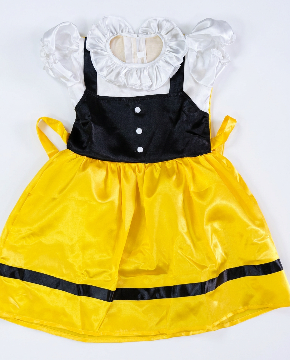 Yellow & Black Satin Party Dress for kids — Fabric & stitching close-up — Yellow/Black colour — Satin with Cotton Lining fabric — Indian sizes 20–30 — Dance Dress fancy dress for school annual day & sports day — Kolkata & West Bengal delivery — ZapCostumes