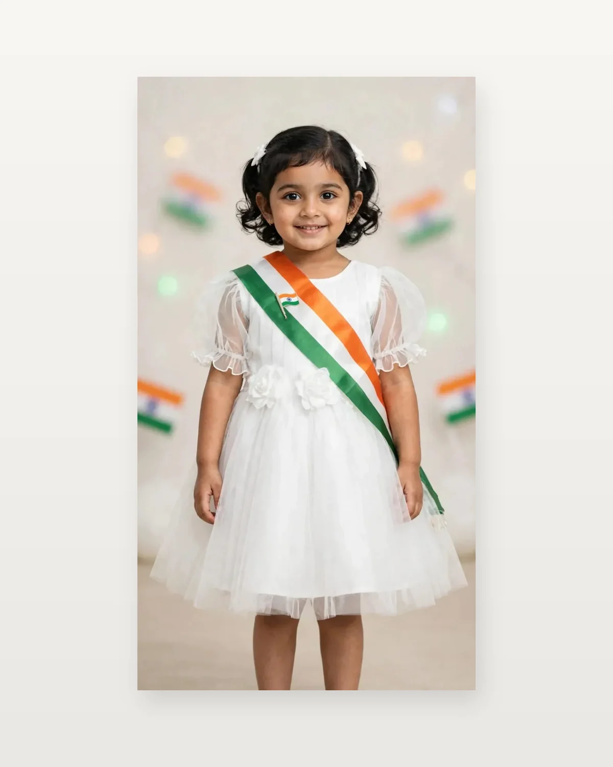Tiranga Frock for kids — Studio front view — White/Tricolour colour — Net fabric — Indian sizes 22–30 — White Kurta Pyjama fancy dress for school annual day & sports day — Kolkata & West Bengal delivery — ZapCostumes