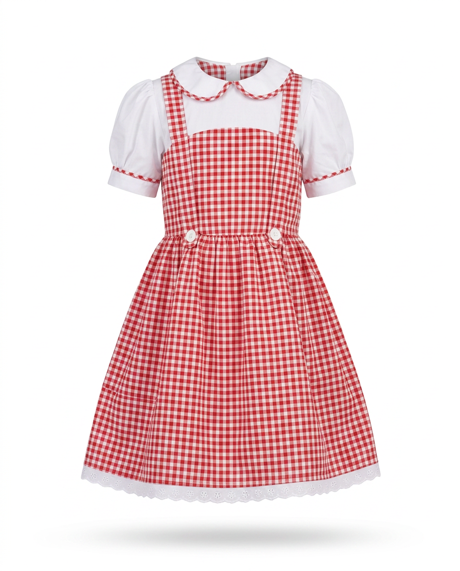 Red Gingham Pinafore Party Dress for kids — Ghost mannequin view — Red/White colour — Gingham Cotton Blend with Cotton Lining fabric — Indian sizes 20–30 — Dance Dress fancy dress for school annual day & sports day — Kolkata & West Bengal delivery — ZapCostumes