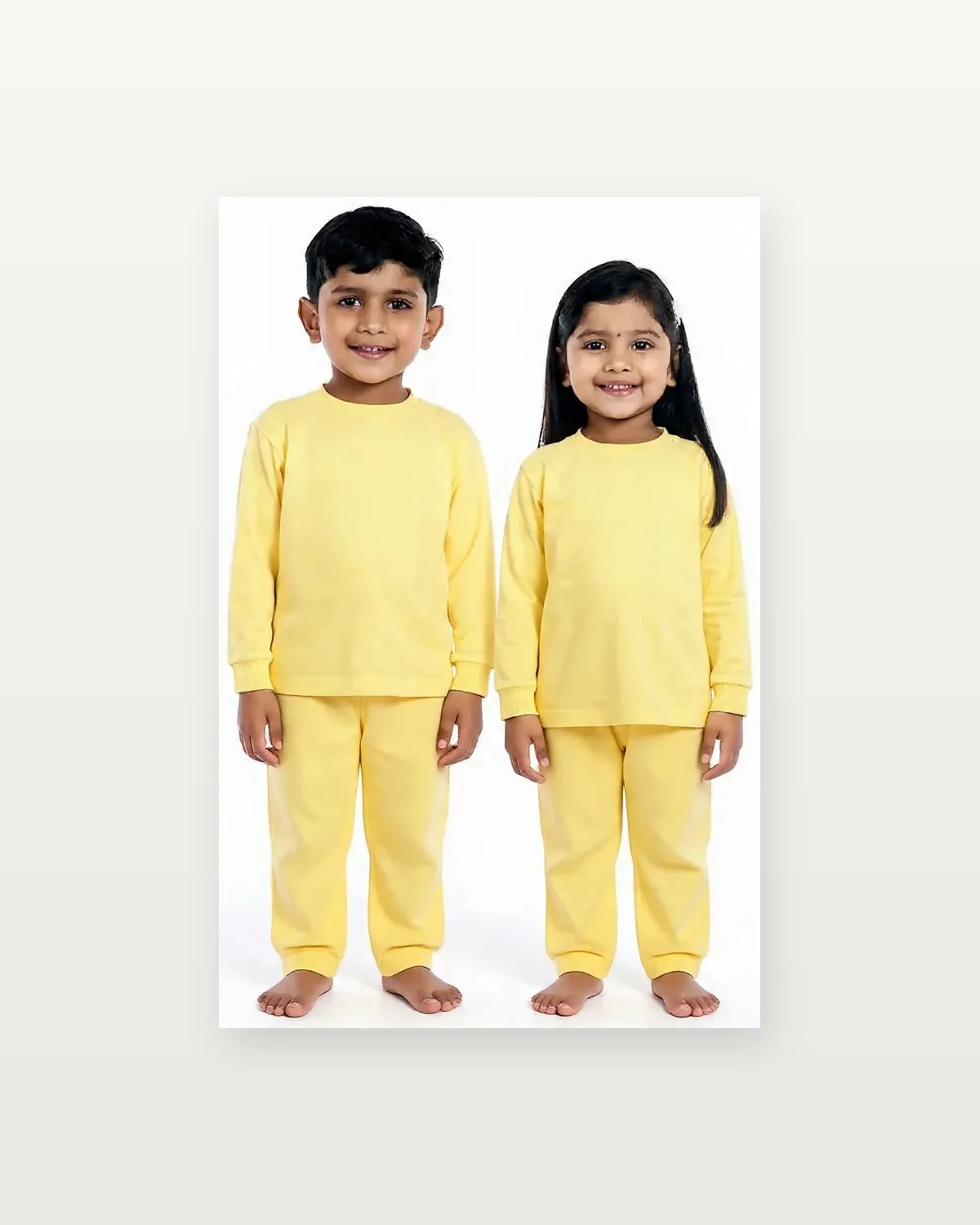Cream Yellow Tracksuit for kids — Studio front view — Cream colour — Polyester Blend fabric — Indian sizes 22–34 — Tracksuits / Jersey fancy dress for school annual day & sports day — Kolkata & West Bengal delivery — ZapCostumes