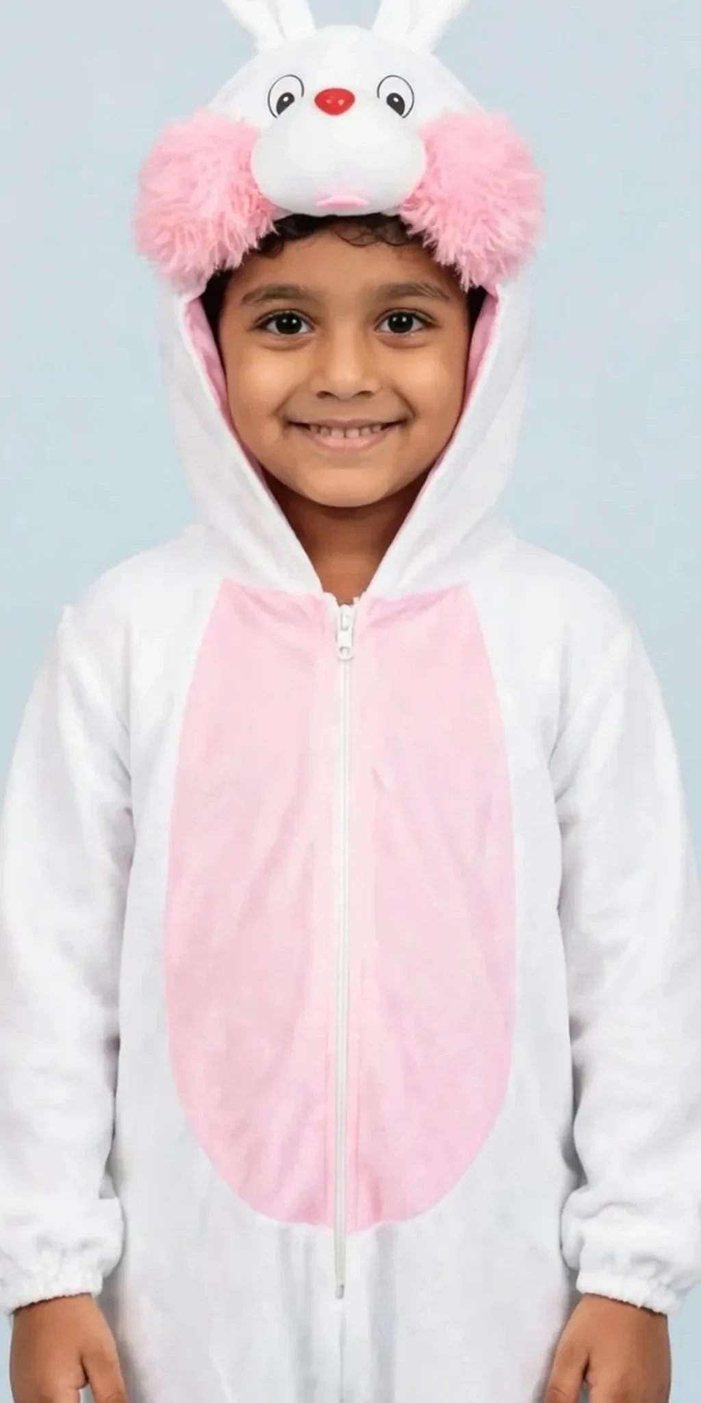 Rabbit Costume for kids — Zoomed-in fabric & detail view — White/Pink colour — Plush Polyester fabric — Indian sizes S–L — Animals fancy dress for school annual day & sports day — Kolkata & West Bengal delivery — ZapCostumes