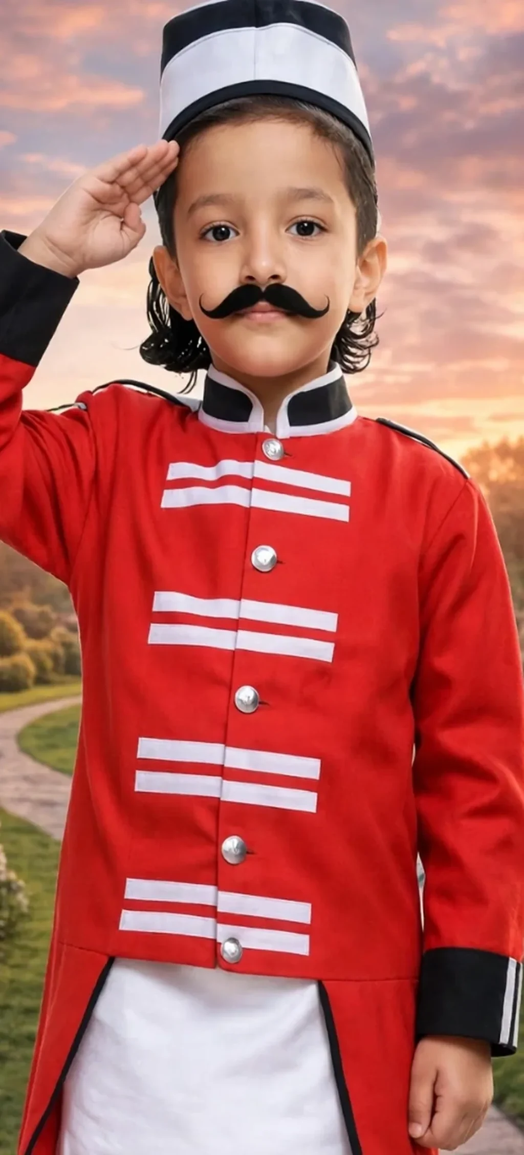Mangal Pandey Costume for kids — Zoomed-in fabric & detail view — Red/White colour — Polyester fabric — Indian sizes S (24)–XL (36) — Freedom Fighters fancy dress for school annual day & sports day — Kolkata & West Bengal delivery — ZapCostumes