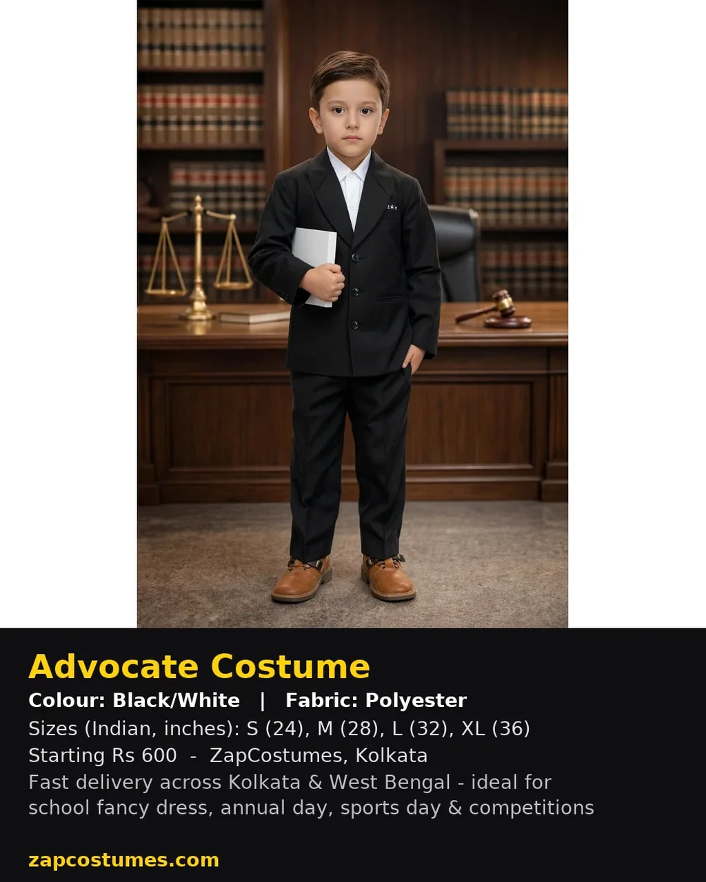 Advocate Costume for kids — Size, fabric & delivery details — Black/White colour — Polyester fabric — Indian sizes S (24)–XL (36) — Advocate fancy dress for school annual day & sports day — Kolkata & West Bengal delivery — ZapCostumes