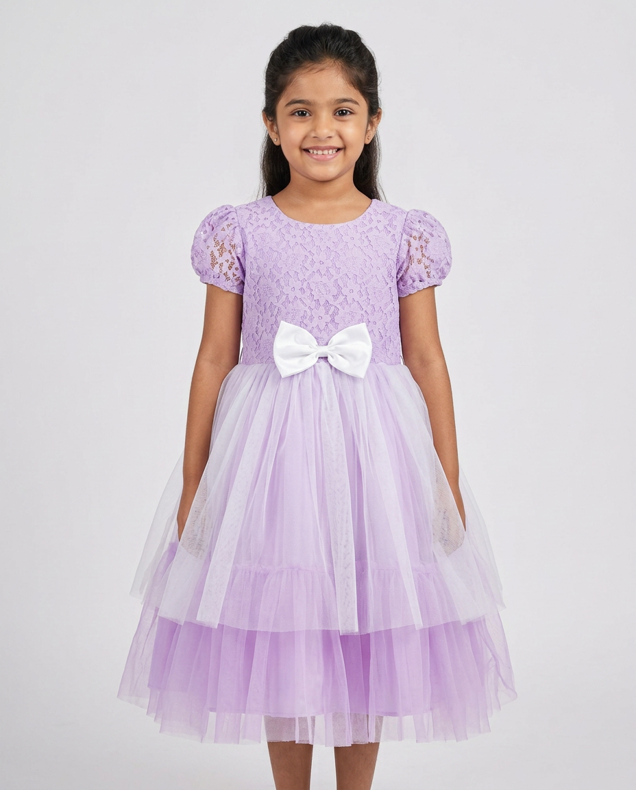 Lavender & White Lace Tulle Party Dress for kids — Lavender/White colour — Floral Lace & Tulle with Satin Lining fabric — Indian sizes 20–30 — Dance Dress fancy dress for school annual day & sports day — Kolkata & West Bengal delivery — ZapCostumes