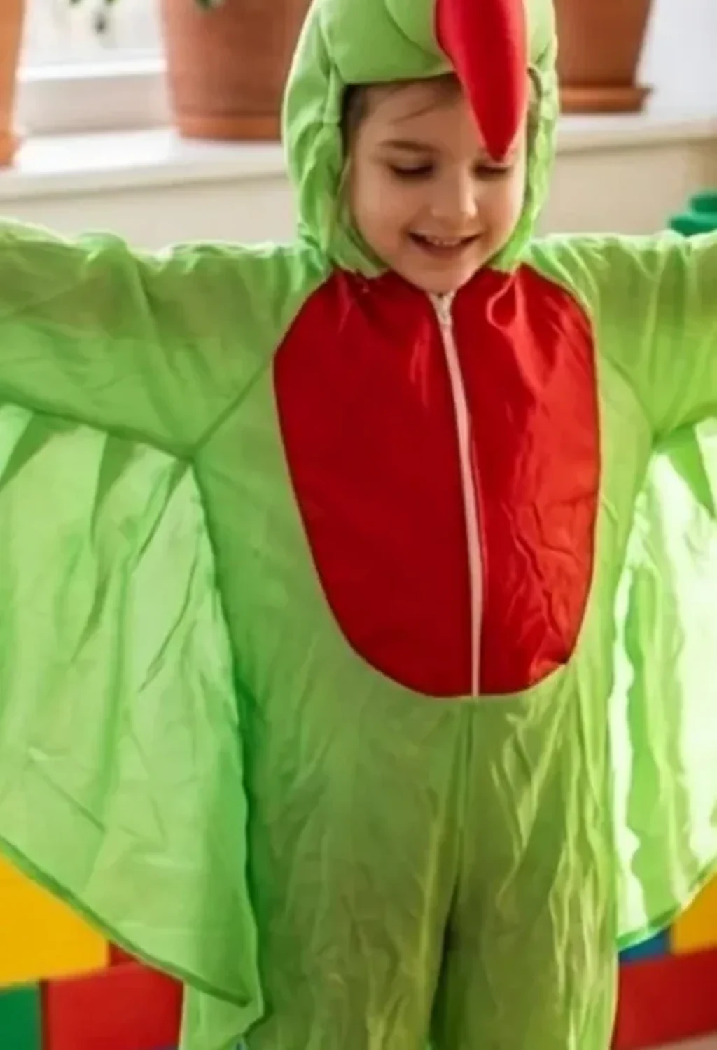 Parrot Costume for kids — Zoomed-in fabric & detail view — Green/Red colour — Plush Polyester fabric — Indian sizes S–L — Animals fancy dress for school annual day & sports day — Kolkata & West Bengal delivery — ZapCostumes
