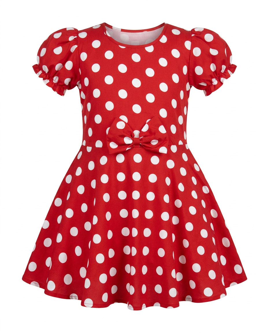 Red Polka Dot Party Dress for kids — Ghost mannequin view — Red/White colour — Cotton Blend with Cotton Lining fabric — Indian sizes 20–30 — Dance Dress fancy dress for school annual day & sports day — Kolkata & West Bengal delivery — ZapCostumes