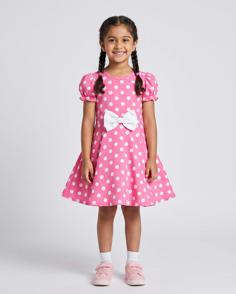 Pink Polka Dot Party Dress for kids — Pink/White colour — Cotton Blend with Cotton Lining fabric — Indian sizes 20–30 — Dance Dress fancy dress for school annual day & sports day — Kolkata & West Bengal delivery — ZapCostumes