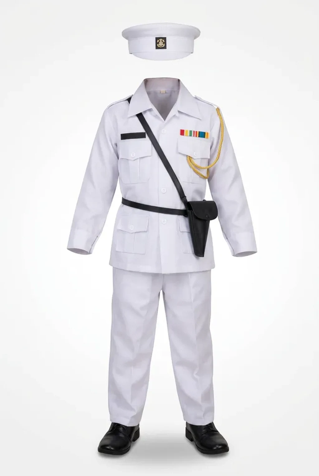 Navy Officer Costume for kids — Ghost mannequin view — White colour — Polyester fabric — Indian sizes S (24)–L (32) — Defence Forces fancy dress for school annual day & sports day — Kolkata & West Bengal delivery — ZapCostumes