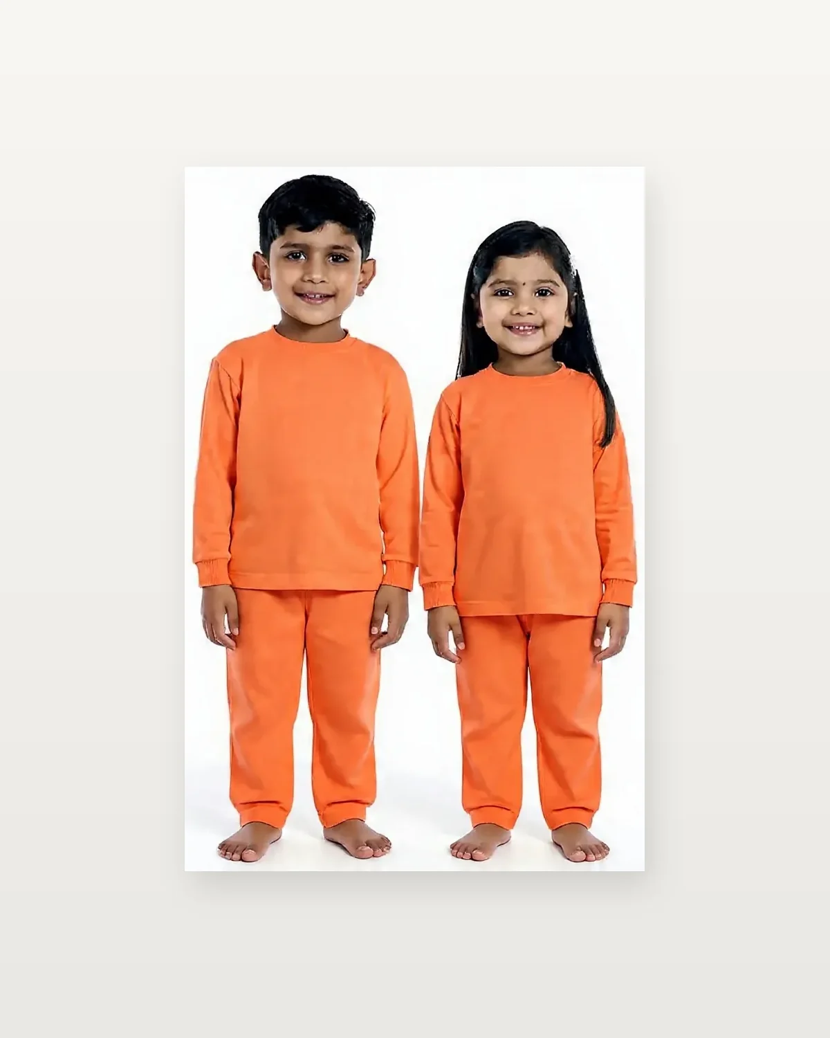 Orange Tracksuit for kids — Studio front view — Orange colour — Polyester Blend fabric — Indian sizes 22–34 — Tracksuits / Jersey fancy dress for school annual day & sports day — Kolkata & West Bengal delivery — ZapCostumes