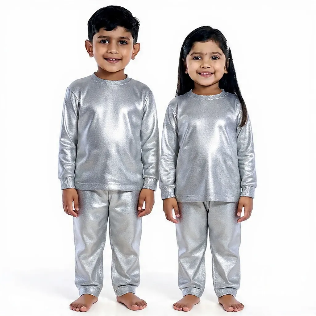 Silver Metallic Tracksuit for kids — Silver colour — Polyester Blend fabric — Indian sizes 22–34 — Tracksuits / Jersey fancy dress for school annual day & sports day — Kolkata & West Bengal delivery — ZapCostumes