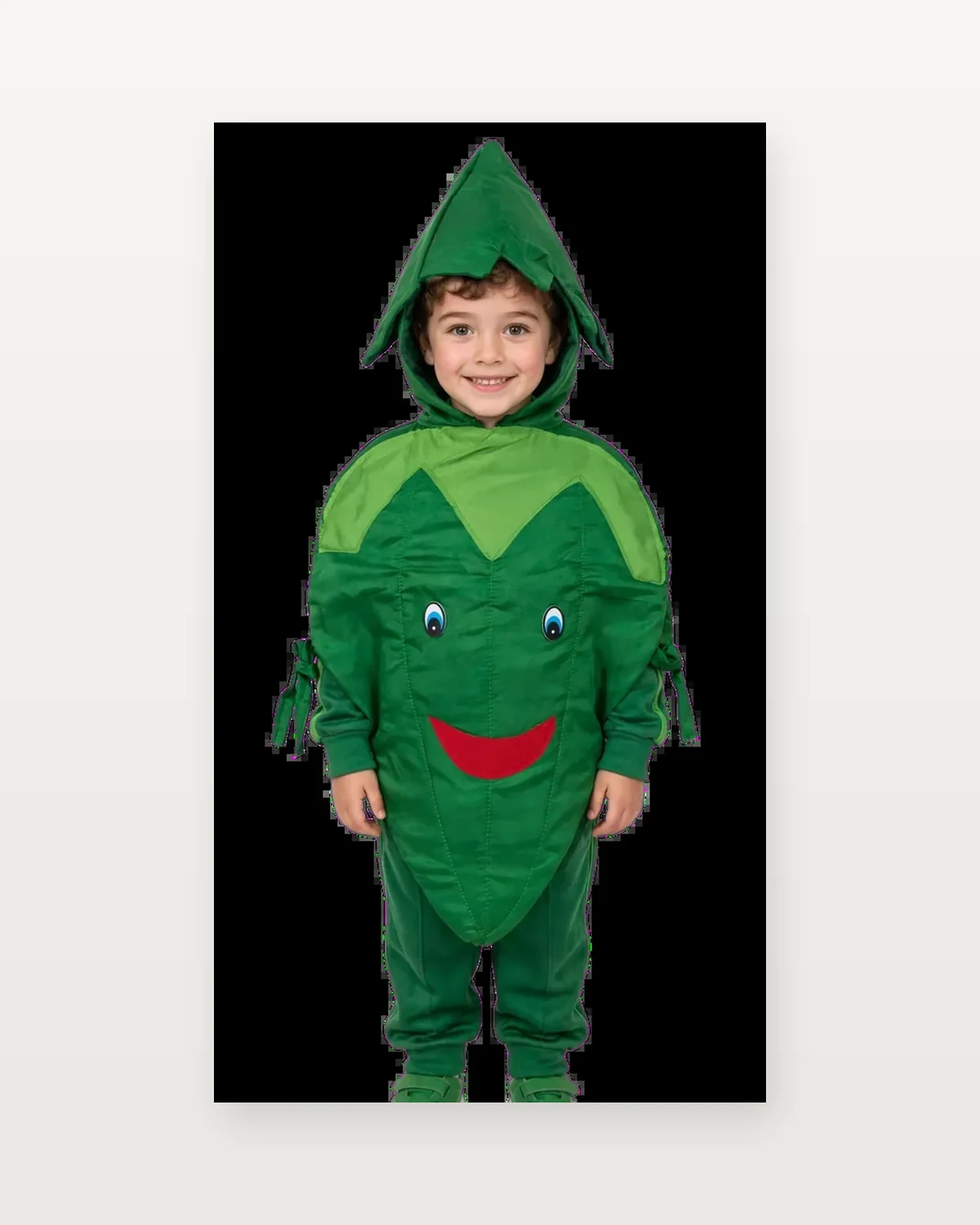 Green Chilli Costume for kids — Studio front view — Green colour — Polyester fabric — Indian sizes One Size — Fruits / Vegetables fancy dress for school annual day & sports day — Kolkata & West Bengal delivery — ZapCostumes