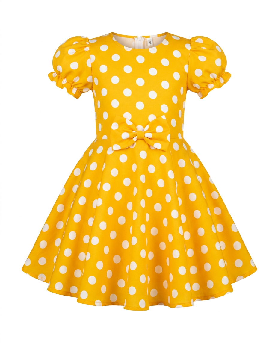 Yellow Polka Dot Party Dress for kids — Ghost mannequin view — Yellow/White colour — Cotton Blend with Cotton Lining fabric — Indian sizes 20–30 — Dance Dress fancy dress for school annual day & sports day — Kolkata & West Bengal delivery — ZapCostumes