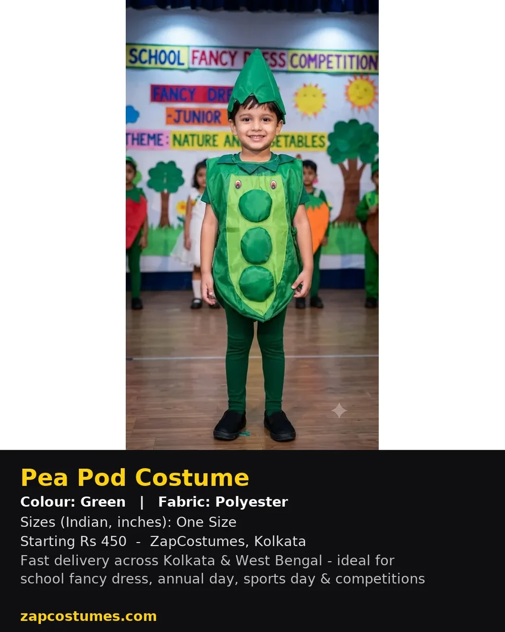Pea Pod Costume for kids — Size, fabric & delivery details — Green colour — Polyester fabric — Indian sizes One Size — Fruits / Vegetables fancy dress for school annual day & sports day — Kolkata & West Bengal delivery — ZapCostumes
