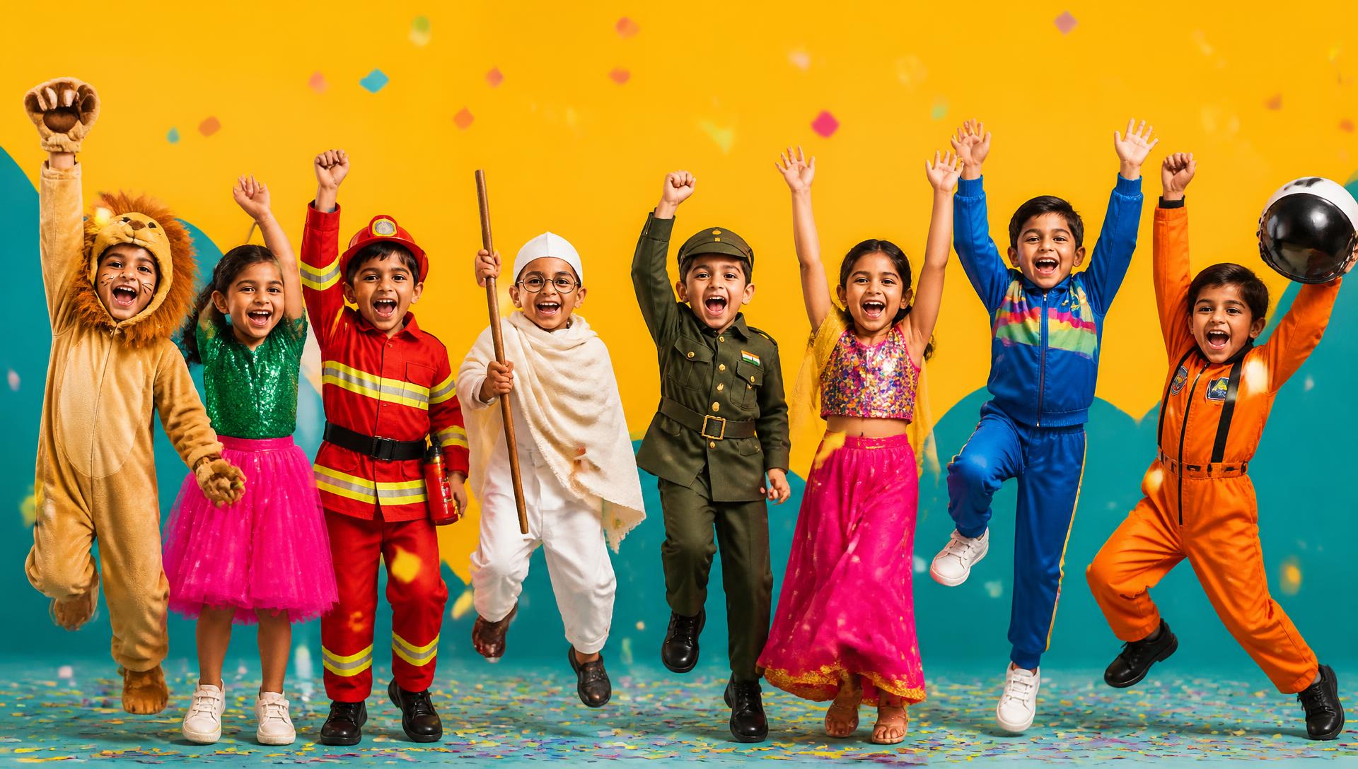 Kids in fancy dress costumes — lion, fireman, freedom fighter and sports day tracksuits from ZapCostumes Kolkata