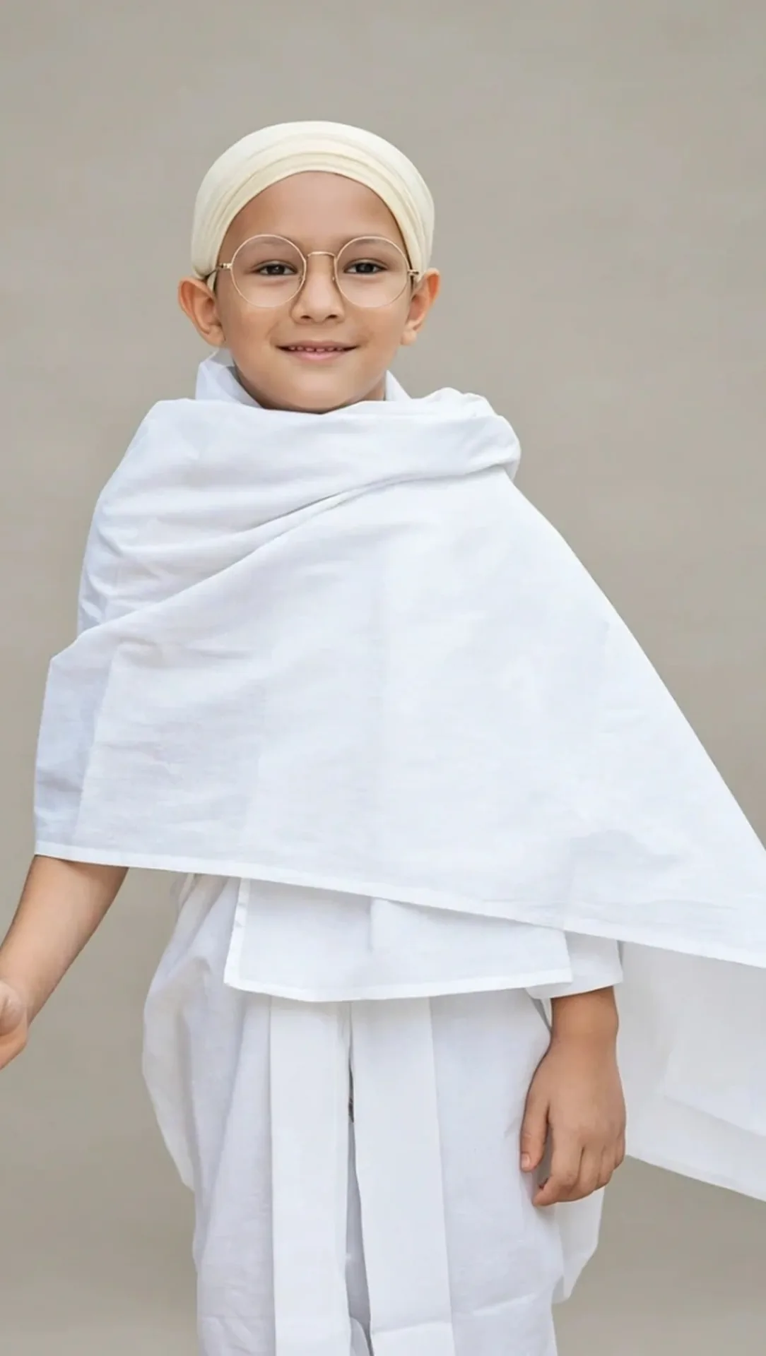Mahatma Gandhi Costume for kids — Zoomed-in fabric & detail view — White colour — Polyester fabric — Indian sizes S (24)–XL (36) — Freedom Fighters fancy dress for school annual day & sports day — Kolkata & West Bengal delivery — ZapCostumes