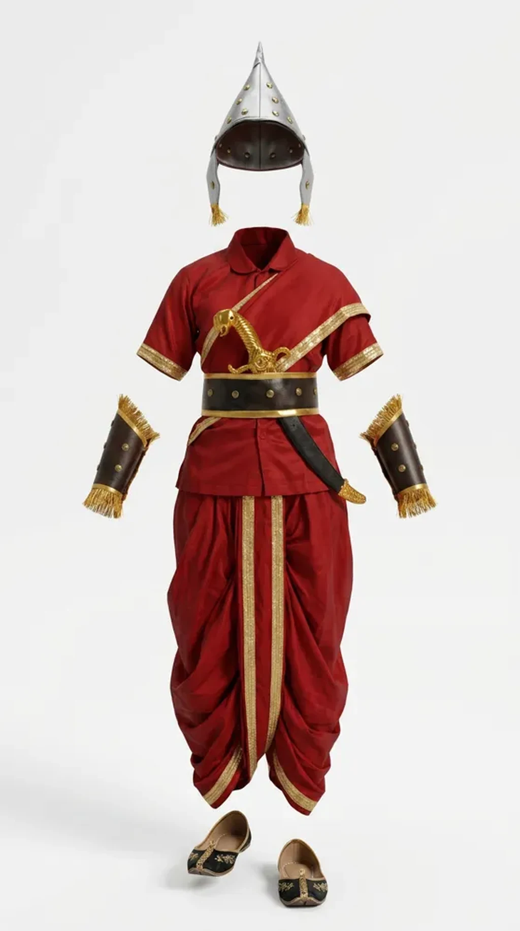 Rani Lakshmibai Costume for kids — Ghost mannequin view — Red/Gold colour — Polyester fabric — Indian sizes S (24)–XL (36) — Freedom Fighters fancy dress for school annual day & sports day — Kolkata & West Bengal delivery — ZapCostumes