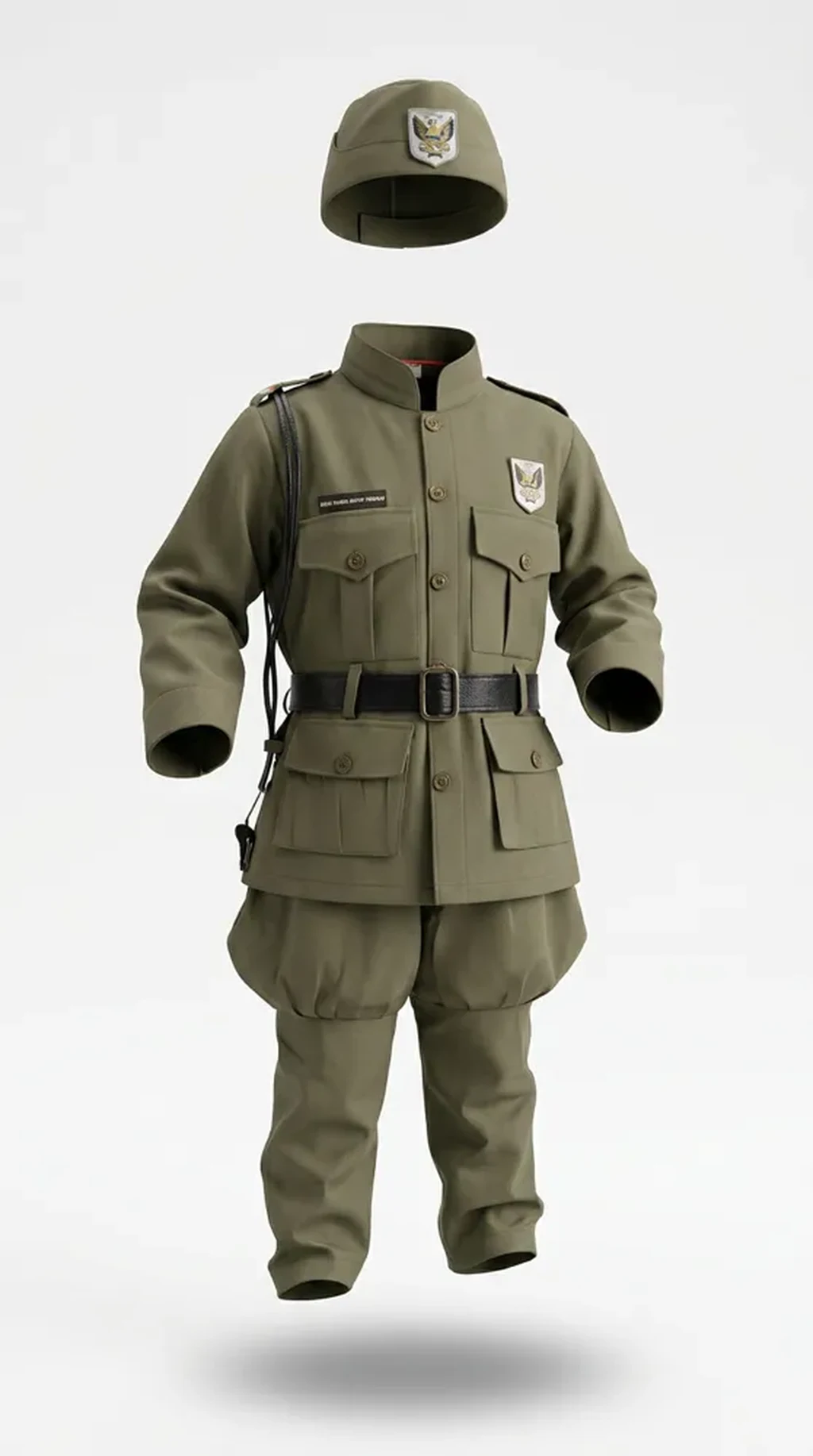 Netaji Subhash Chandra Bose Costume for kids — Ghost mannequin view — Olive Green colour — Polyester fabric — Indian sizes S (24)–XL (36) — Freedom Fighters fancy dress for school annual day & sports day — Kolkata & West Bengal delivery — ZapCostumes