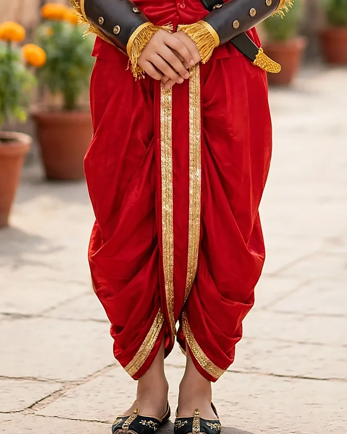 Rani Lakshmibai Costume for kids — Lower half close-up — Red/Gold colour — Polyester fabric — Indian sizes S (24)–XL (36) — Freedom Fighters fancy dress for school annual day & sports day — Kolkata & West Bengal delivery — ZapCostumes