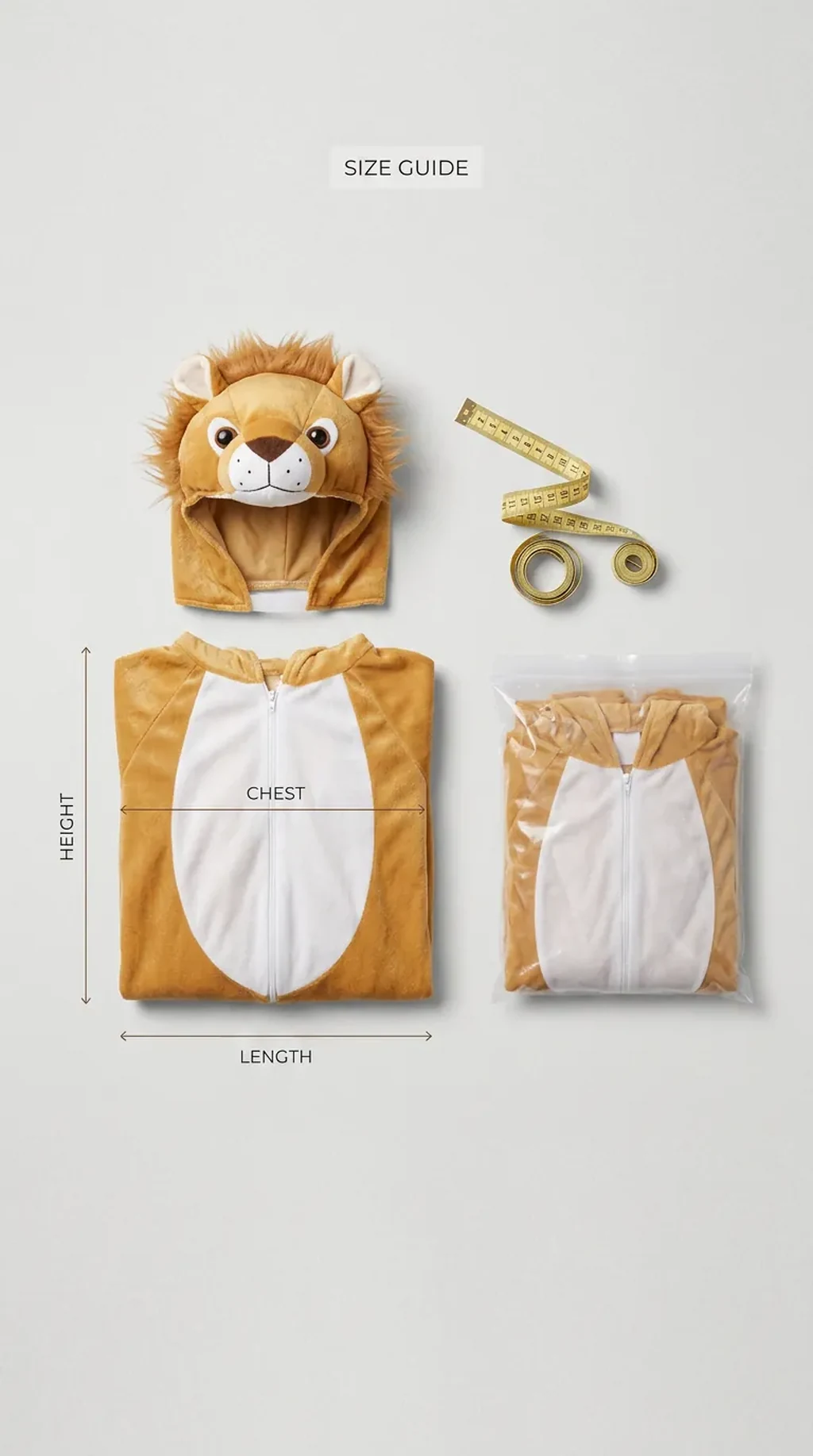 Lion Costume for kids — Size guide & packaging — Golden Brown colour — Plush Polyester fabric — Indian sizes S–L — Animals fancy dress for school annual day & sports day — Kolkata & West Bengal delivery — ZapCostumes
