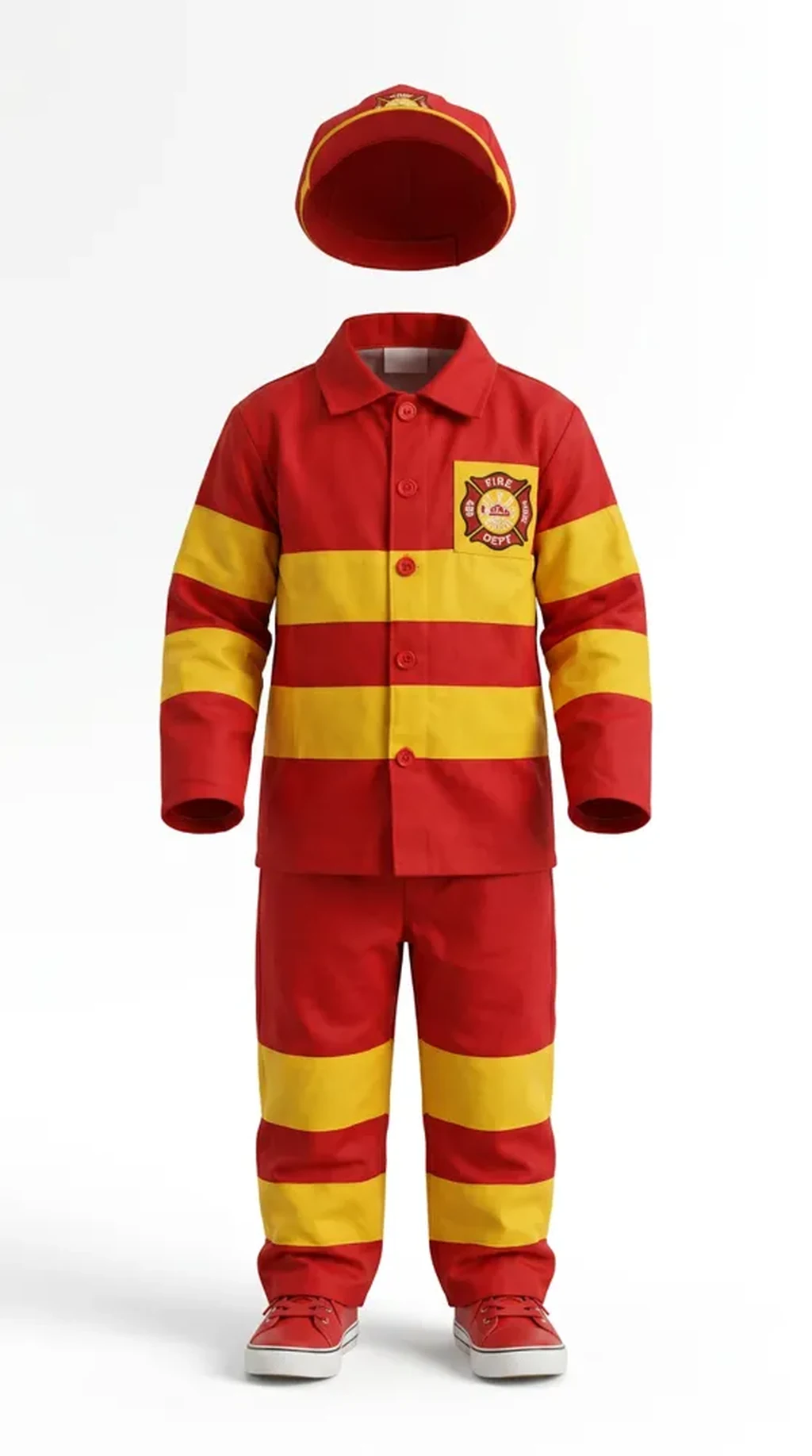 Fireman Costume for kids — Ghost mannequin view — Red/Yellow colour — Polyester fabric — Indian sizes S (24)–L (32) — Professions fancy dress for school annual day & sports day — Kolkata & West Bengal delivery — ZapCostumes