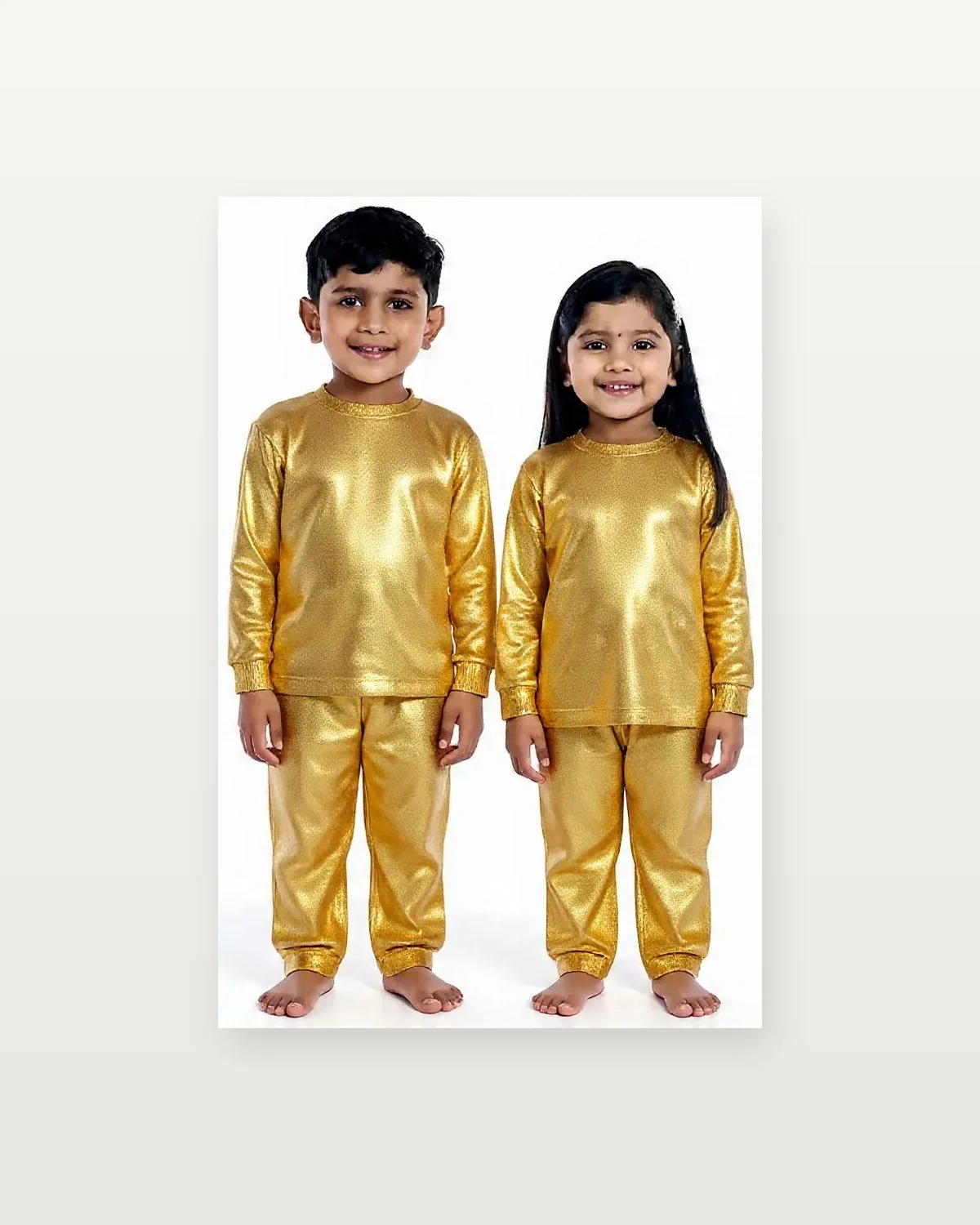Gold Metallic Tracksuit for kids — Studio front view — Gold colour — Polyester Blend fabric — Indian sizes 22–34 — Tracksuits / Jersey fancy dress for school annual day & sports day — Kolkata & West Bengal delivery — ZapCostumes