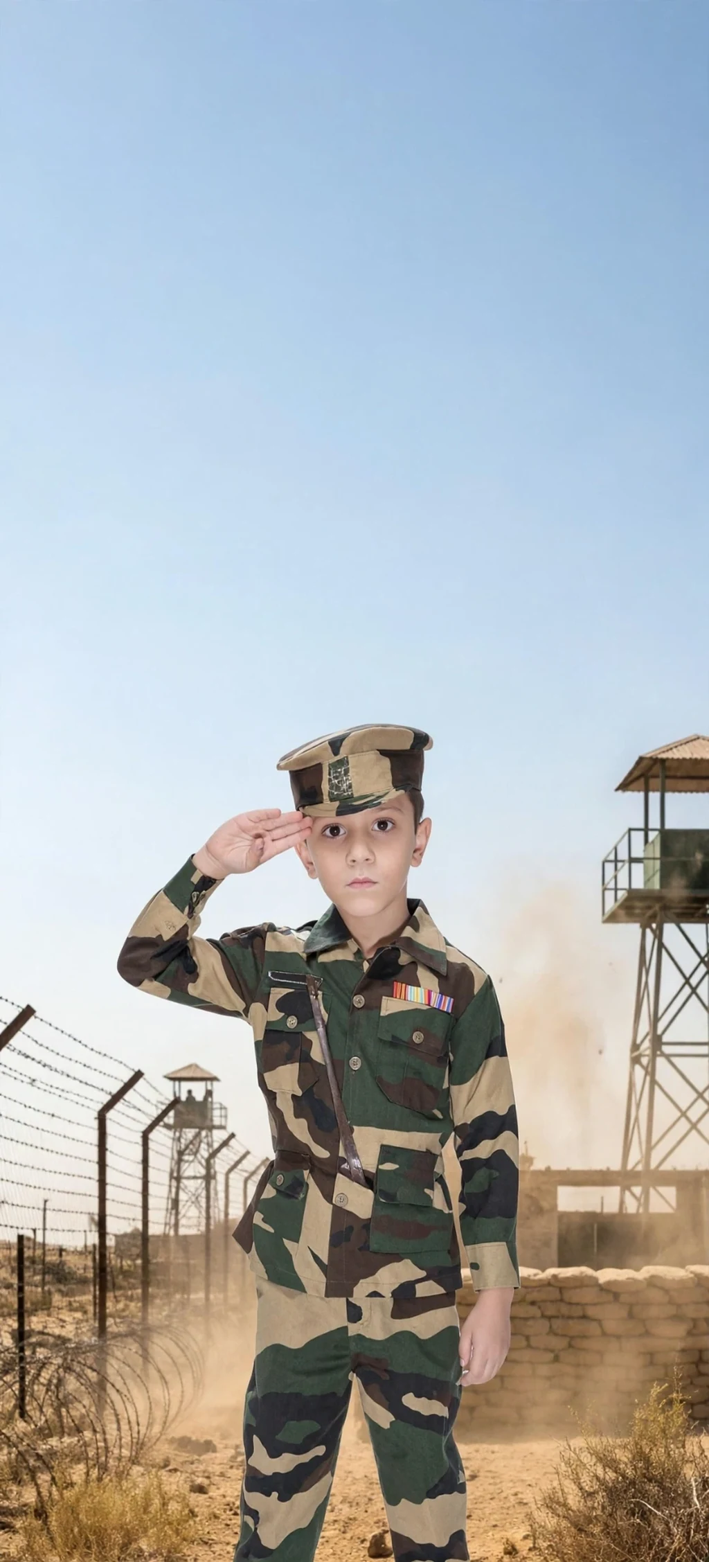 BSF Jawan Costume for kids — Khaki Olive colour — Polyester fabric — Indian sizes S (24)–XXL (40) — Defence Forces fancy dress for school annual day & sports day — Kolkata & West Bengal delivery — ZapCostumes