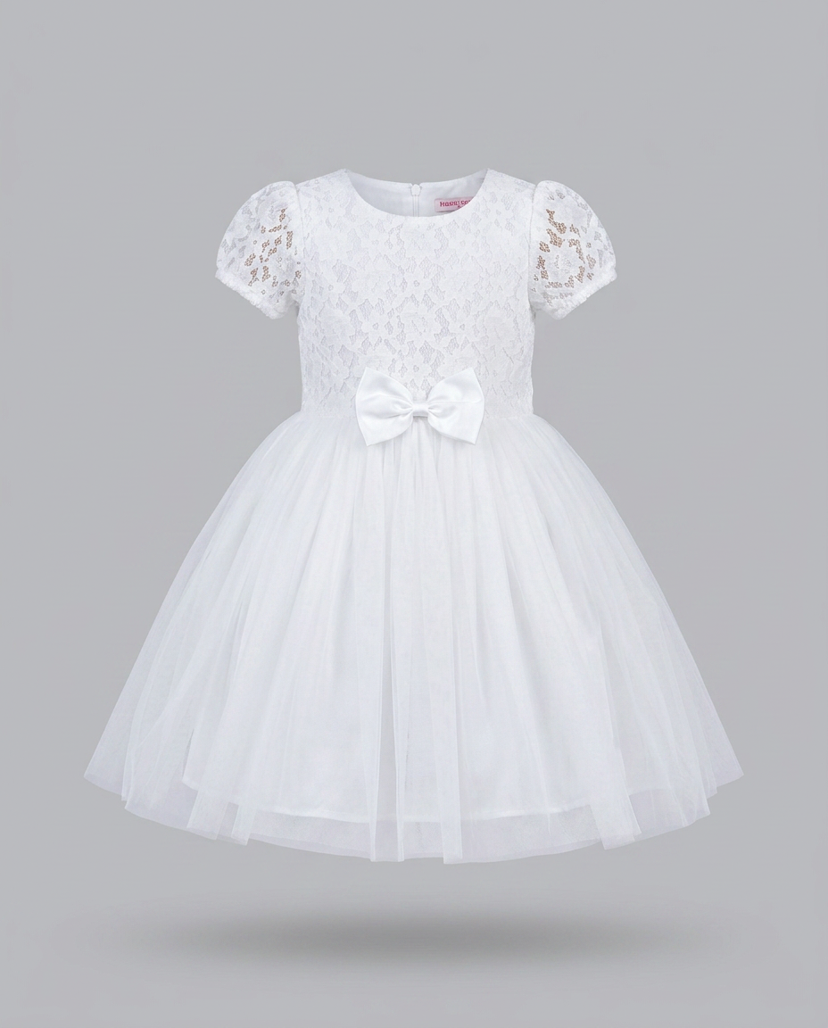 White Lace & Tulle Party Dress for kids — Ghost mannequin view — White colour — Floral Lace & Tulle with Satin Lining fabric — Indian sizes 20–30 — Dance Dress fancy dress for school annual day & sports day — Kolkata & West Bengal delivery — ZapCostumes