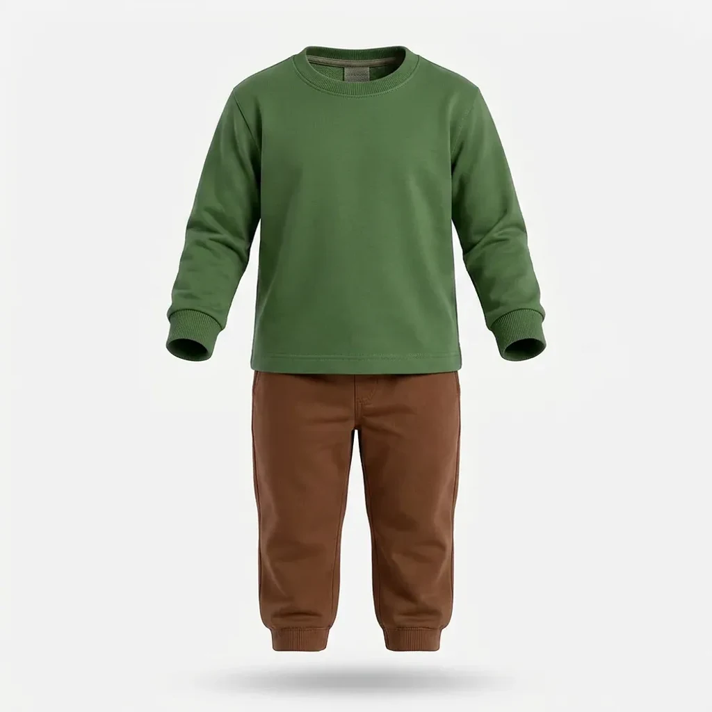 Green + Brown / Tree Tracksuit for kids — Ghost mannequin view — Green/Brown colour — Polyester Blend fabric — Indian sizes 22–34 — Tracksuits / Jersey fancy dress for school annual day & sports day — Kolkata & West Bengal delivery — ZapCostumes