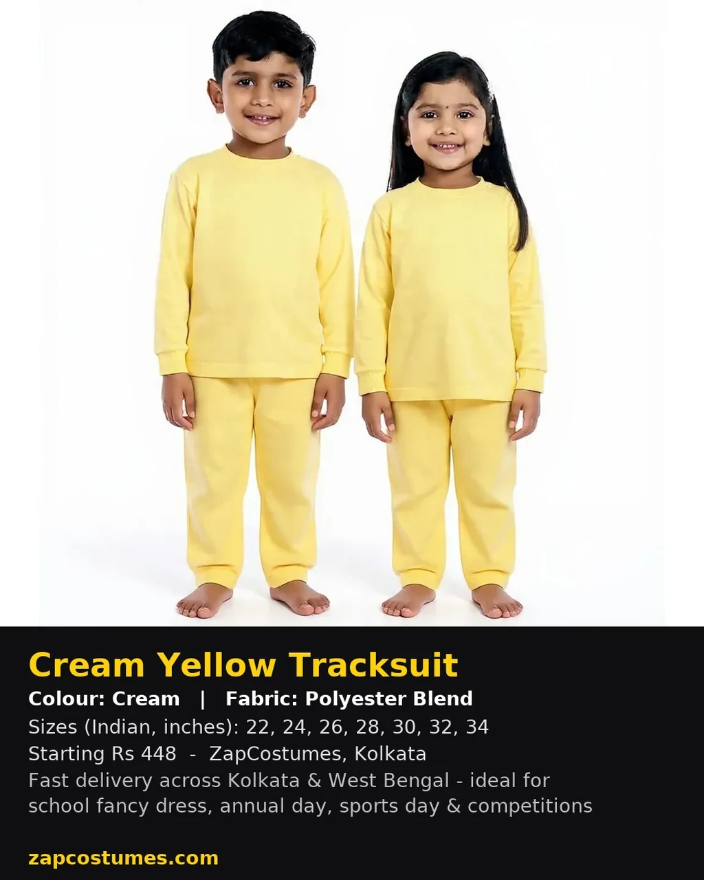 Cream Yellow Tracksuit for kids — Size, fabric & delivery details — Cream colour — Polyester Blend fabric — Indian sizes 22–34 — Tracksuits / Jersey fancy dress for school annual day & sports day — Kolkata & West Bengal delivery — ZapCostumes