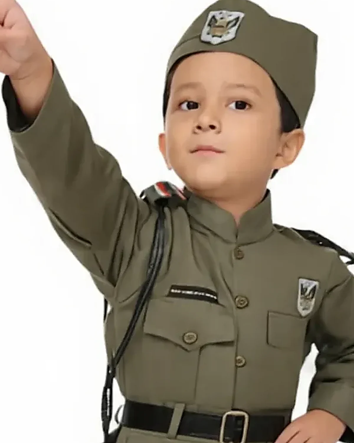 Netaji Subhash Chandra Bose Costume for kids — Top half close-up — Olive Green colour — Polyester fabric — Indian sizes S (24)–XL (36) — Freedom Fighters fancy dress for school annual day & sports day — Kolkata & West Bengal delivery — ZapCostumes