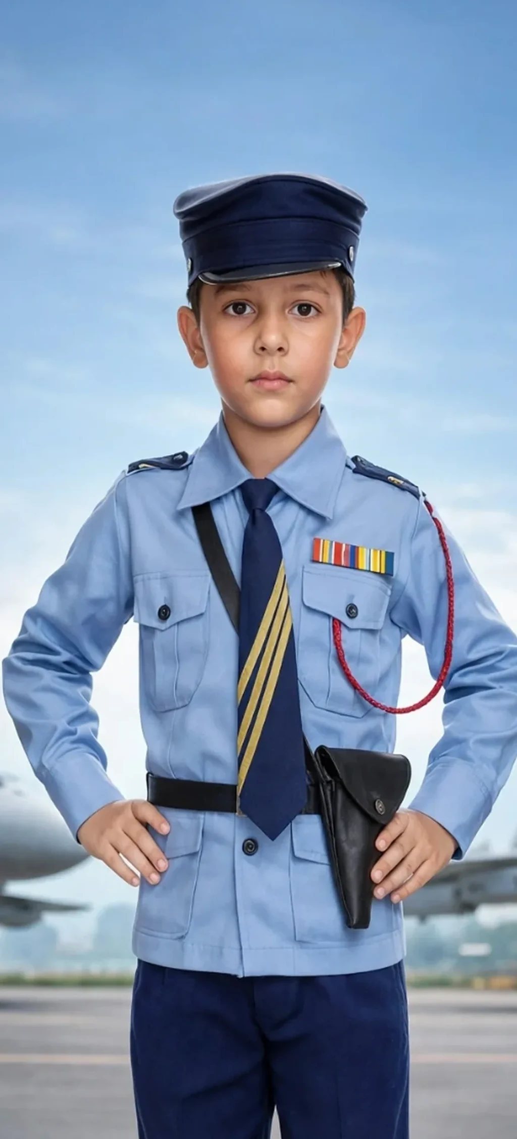 Air Force Officer Costume for kids — Zoomed-in fabric & detail view — Sky Blue colour — Polyester fabric — Indian sizes S (24)–L (32) — Defence Forces fancy dress for school annual day & sports day — Kolkata & West Bengal delivery — ZapCostumes