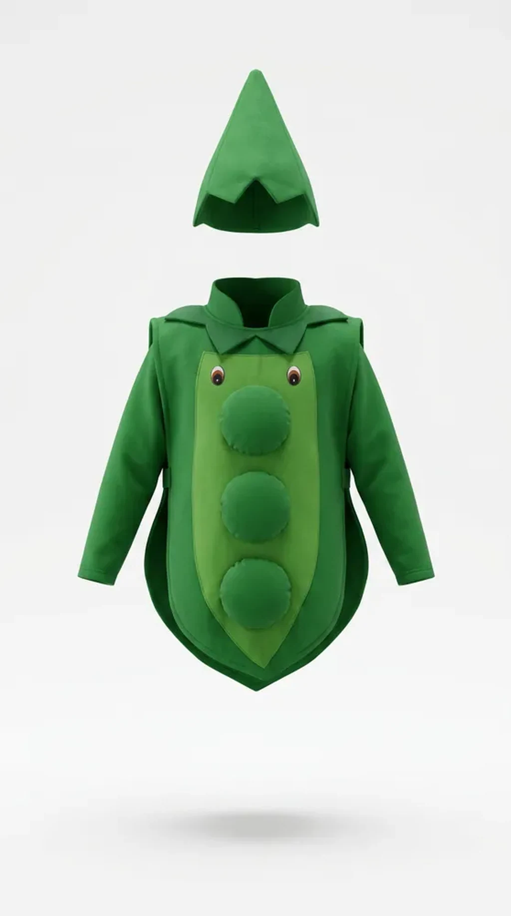 Pea Pod Costume for kids — Ghost mannequin view — Green colour — Polyester fabric — Indian sizes One Size — Fruits / Vegetables fancy dress for school annual day & sports day — Kolkata & West Bengal delivery — ZapCostumes