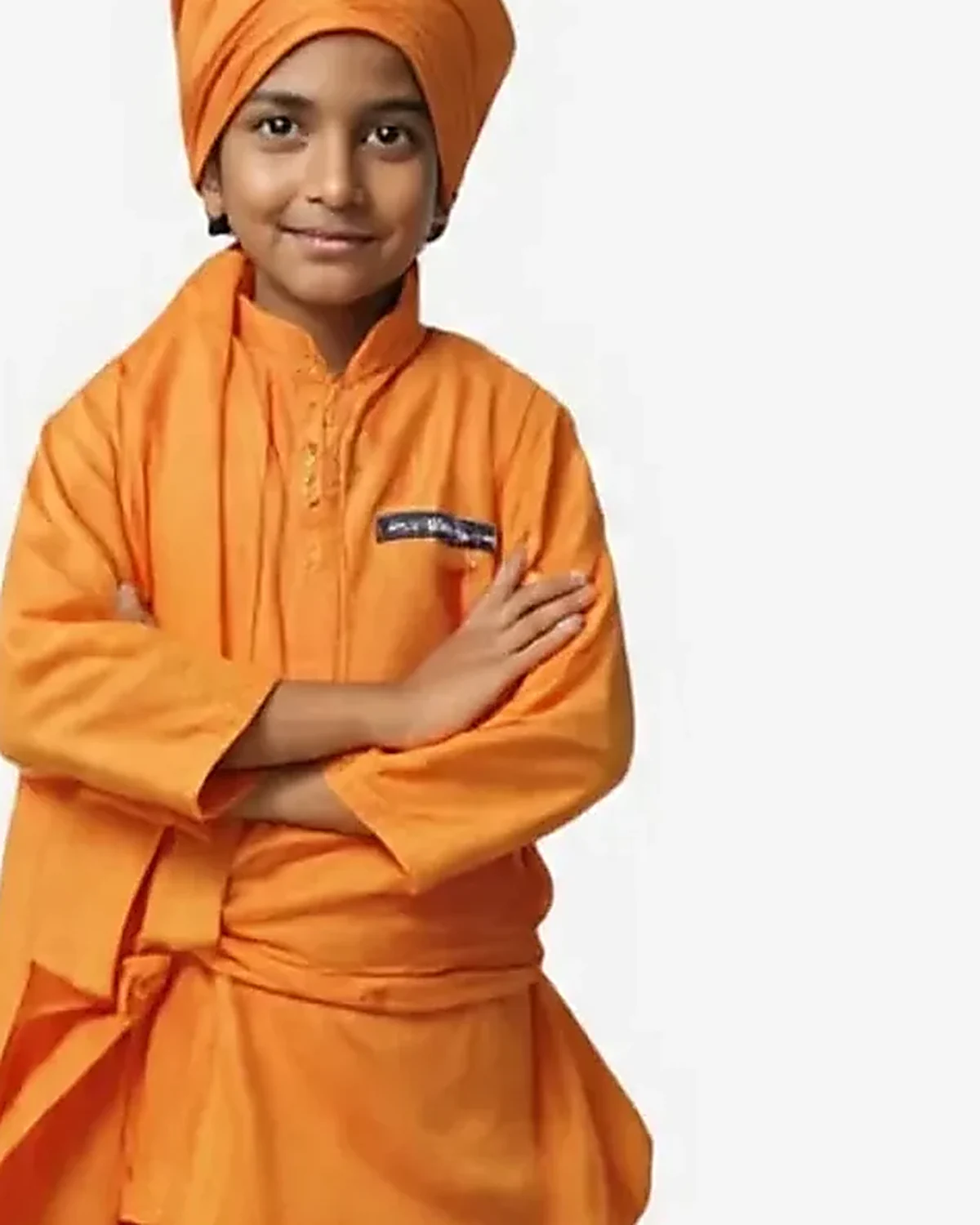 Swami Vivekananda Costume for kids — Top half close-up — Saffron colour — Polyester fabric — Indian sizes S (24)–XL (36) — Freedom Fighters fancy dress for school annual day & sports day — Kolkata & West Bengal delivery — ZapCostumes