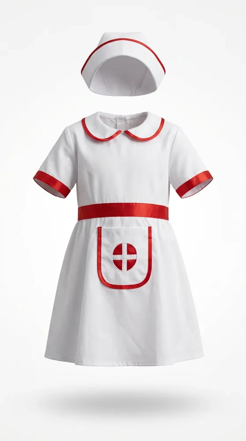 Nurse Costume for kids — Ghost mannequin view — White/Red colour — Polyester fabric — Indian sizes S–L — Nurse / Doctor fancy dress for school annual day & sports day — Kolkata & West Bengal delivery — ZapCostumes