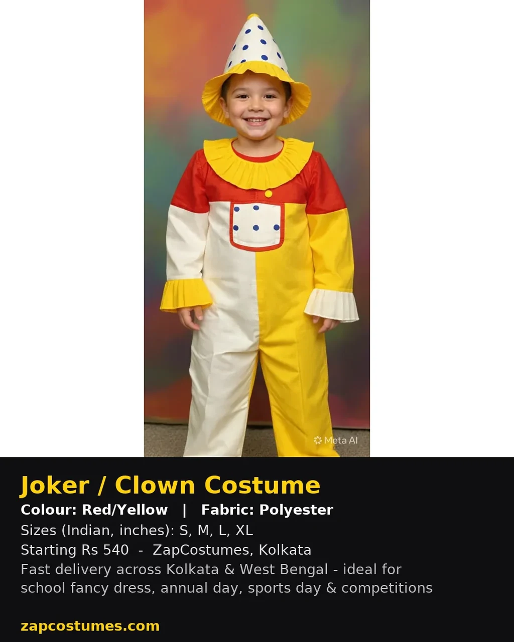 Joker / Clown Costume for kids — Size, fabric & delivery details — Red/Yellow colour — Polyester fabric — Indian sizes S–XL — Clown / Joker fancy dress for school annual day & sports day — Kolkata & West Bengal delivery — ZapCostumes