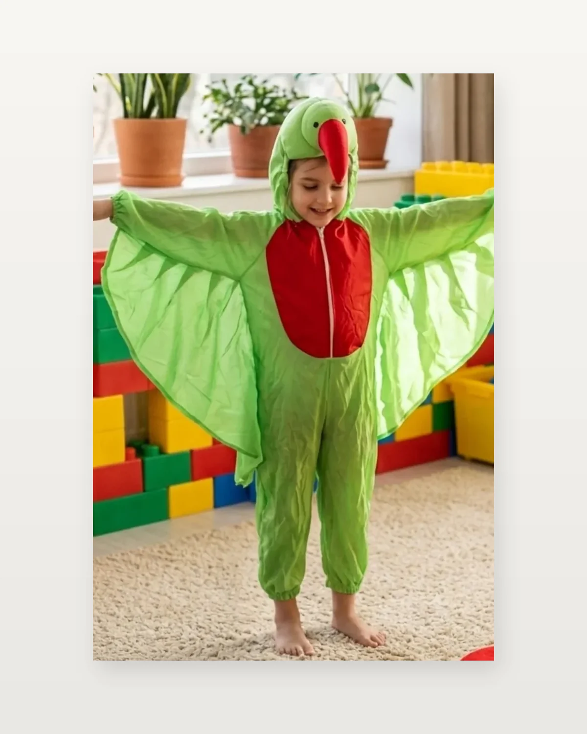 Parrot Costume for kids — Studio front view — Green/Red colour — Plush Polyester fabric — Indian sizes S–L — Animals fancy dress for school annual day & sports day — Kolkata & West Bengal delivery — ZapCostumes