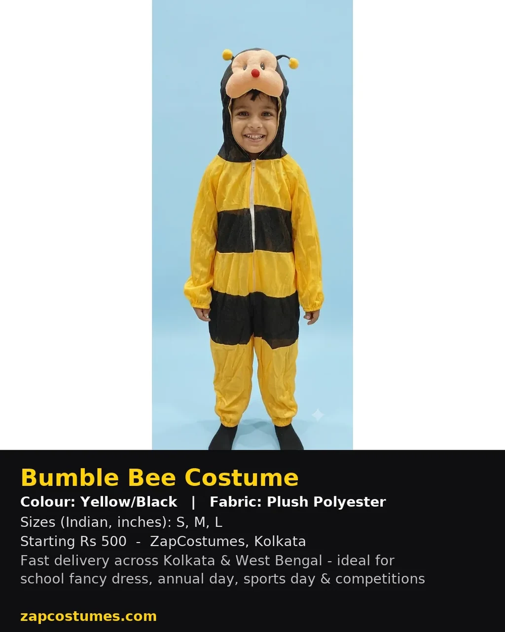 Bumble Bee Costume for kids — Size, fabric & delivery details — Yellow/Black colour — Plush Polyester fabric — Indian sizes S–L — Animals fancy dress for school annual day & sports day — Kolkata & West Bengal delivery — ZapCostumes