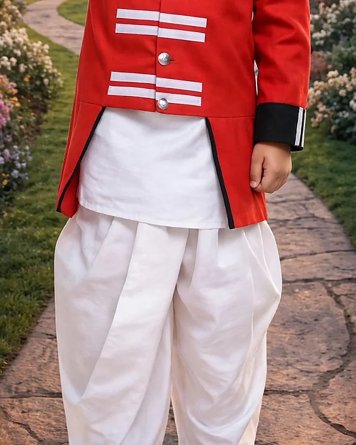 Mangal Pandey Costume for kids — Lower half close-up — Red/White colour — Polyester fabric — Indian sizes S (24)–XL (36) — Freedom Fighters fancy dress for school annual day & sports day — Kolkata & West Bengal delivery — ZapCostumes