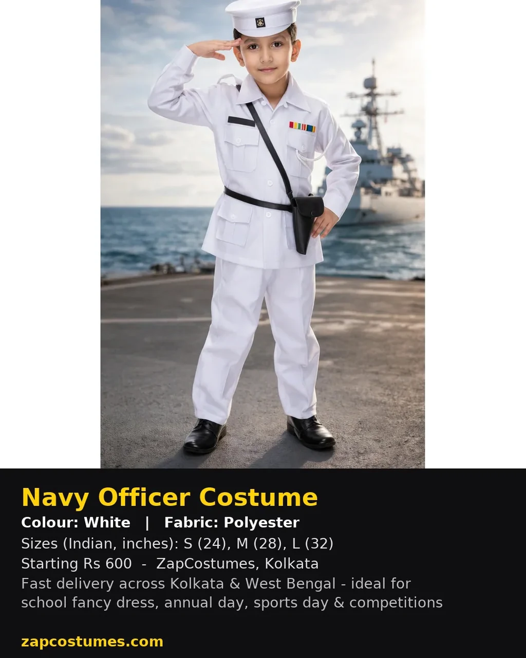 Navy Officer Costume for kids — Size, fabric & delivery details — White colour — Polyester fabric — Indian sizes S (24)–L (32) — Defence Forces fancy dress for school annual day & sports day — Kolkata & West Bengal delivery — ZapCostumes