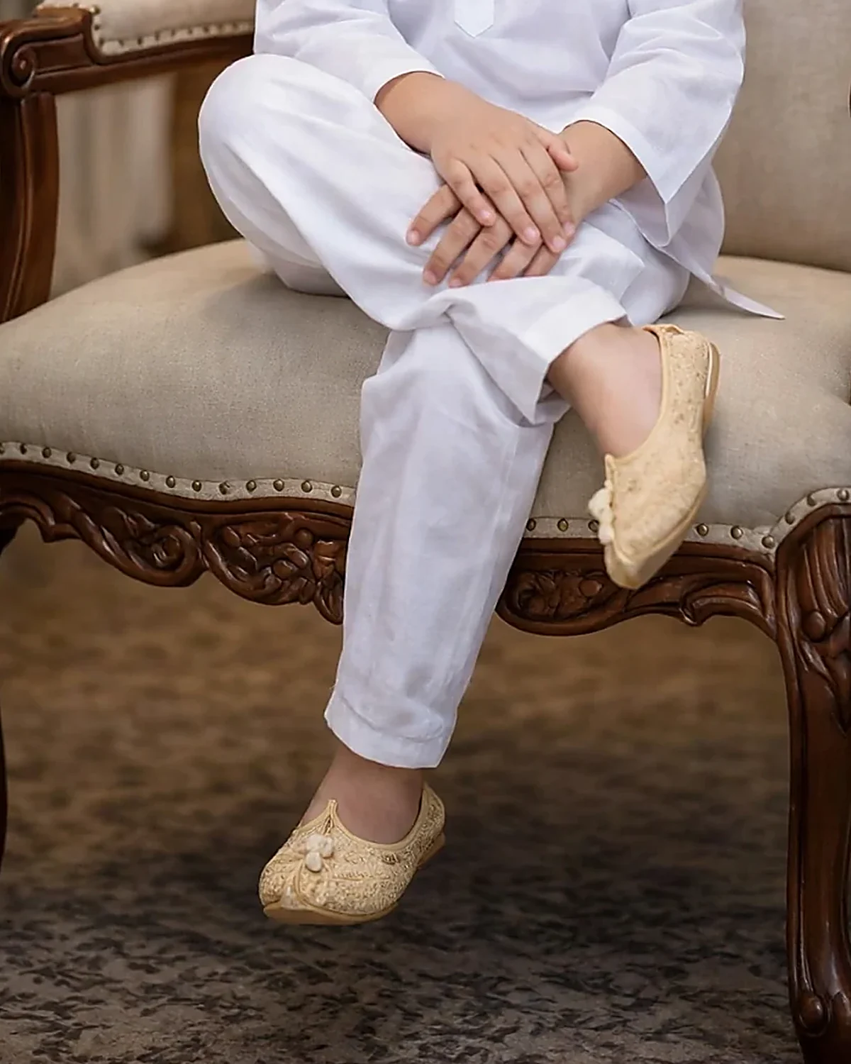 Jawaharlal Nehru Costume for kids — Lower half close-up — White colour — Polyester fabric — Indian sizes S (24)–XL (36) — Freedom Fighters fancy dress for school annual day & sports day — Kolkata & West Bengal delivery — ZapCostumes