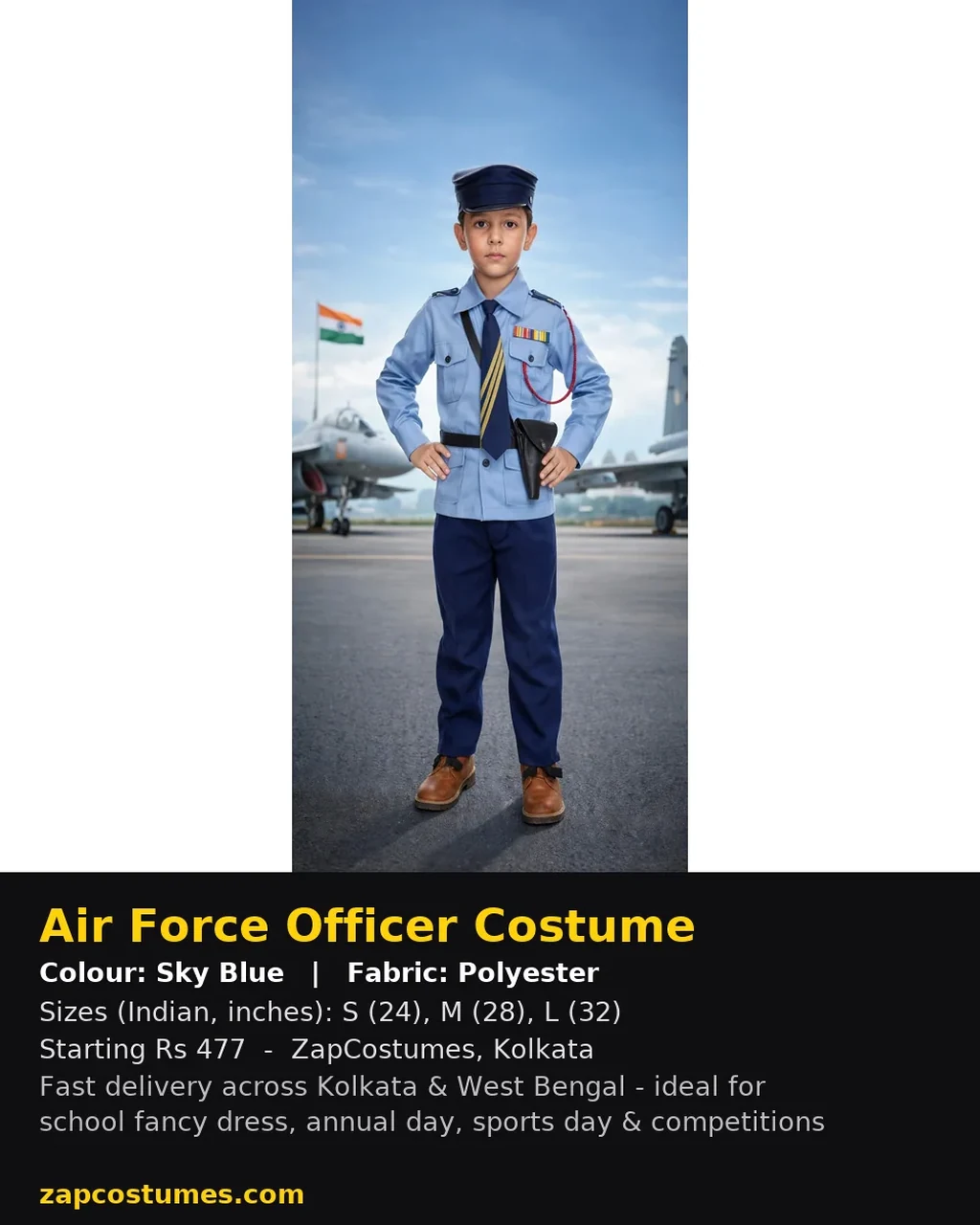 Air Force Officer Costume for kids — Size, fabric & delivery details — Sky Blue colour — Polyester fabric — Indian sizes S (24)–L (32) — Defence Forces fancy dress for school annual day & sports day — Kolkata & West Bengal delivery — ZapCostumes