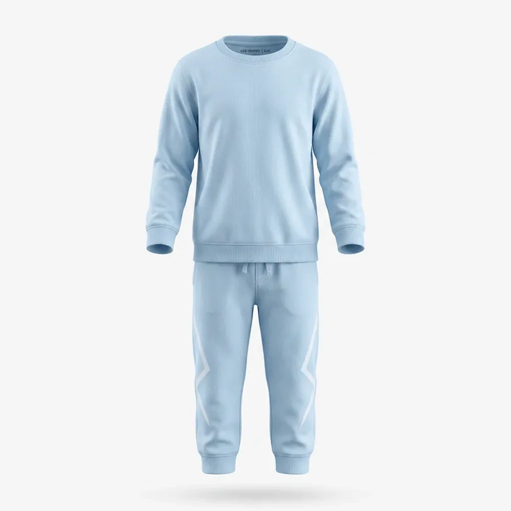Sky Blue Tracksuit for kids — Ghost mannequin view — Sky Blue colour — Polyester Blend fabric — Indian sizes 22–34 — Tracksuits / Jersey fancy dress for school annual day & sports day — Kolkata & West Bengal delivery — ZapCostumes