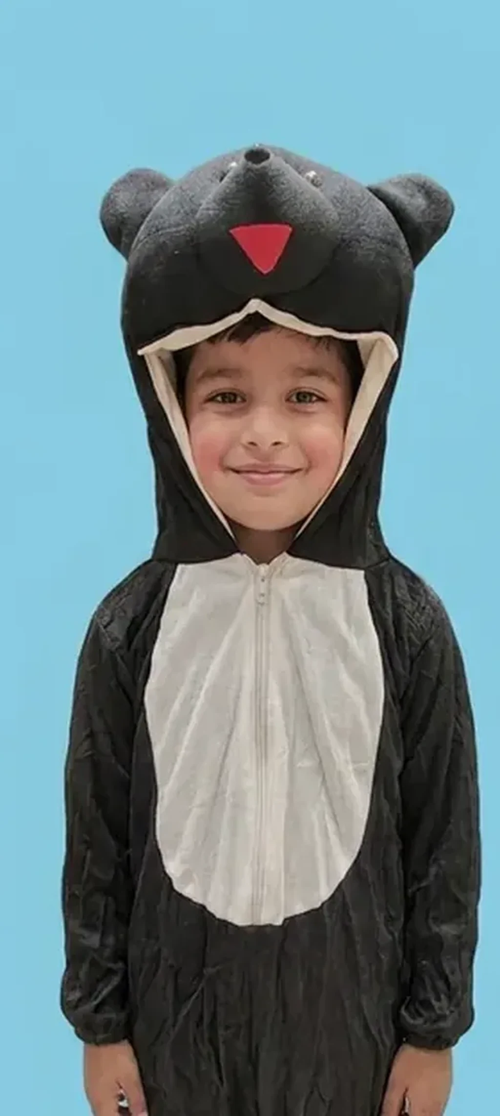 Black Bear Costume for kids — Zoomed-in fabric & detail view — Black/White colour — Plush Polyester fabric — Indian sizes S–L — Animals fancy dress for school annual day & sports day — Kolkata & West Bengal delivery — ZapCostumes