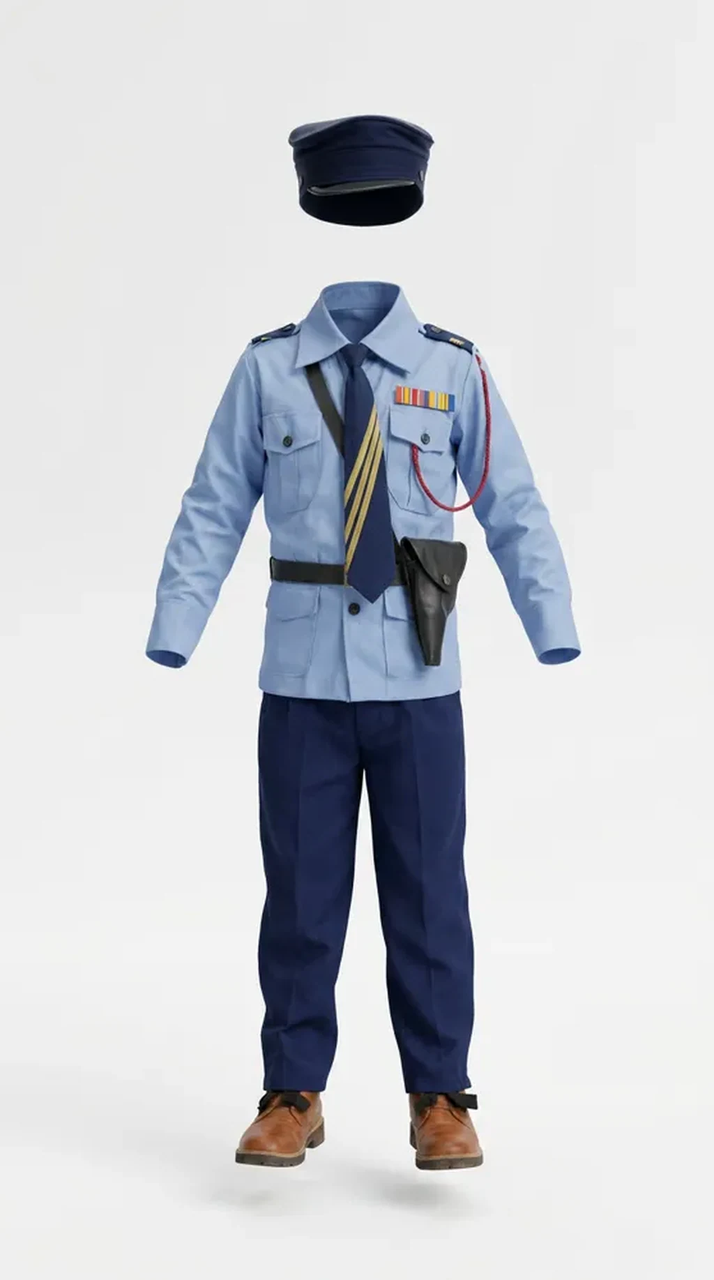 Air Force Officer Costume for kids — Ghost mannequin view — Sky Blue colour — Polyester fabric — Indian sizes S (24)–L (32) — Defence Forces fancy dress for school annual day & sports day — Kolkata & West Bengal delivery — ZapCostumes