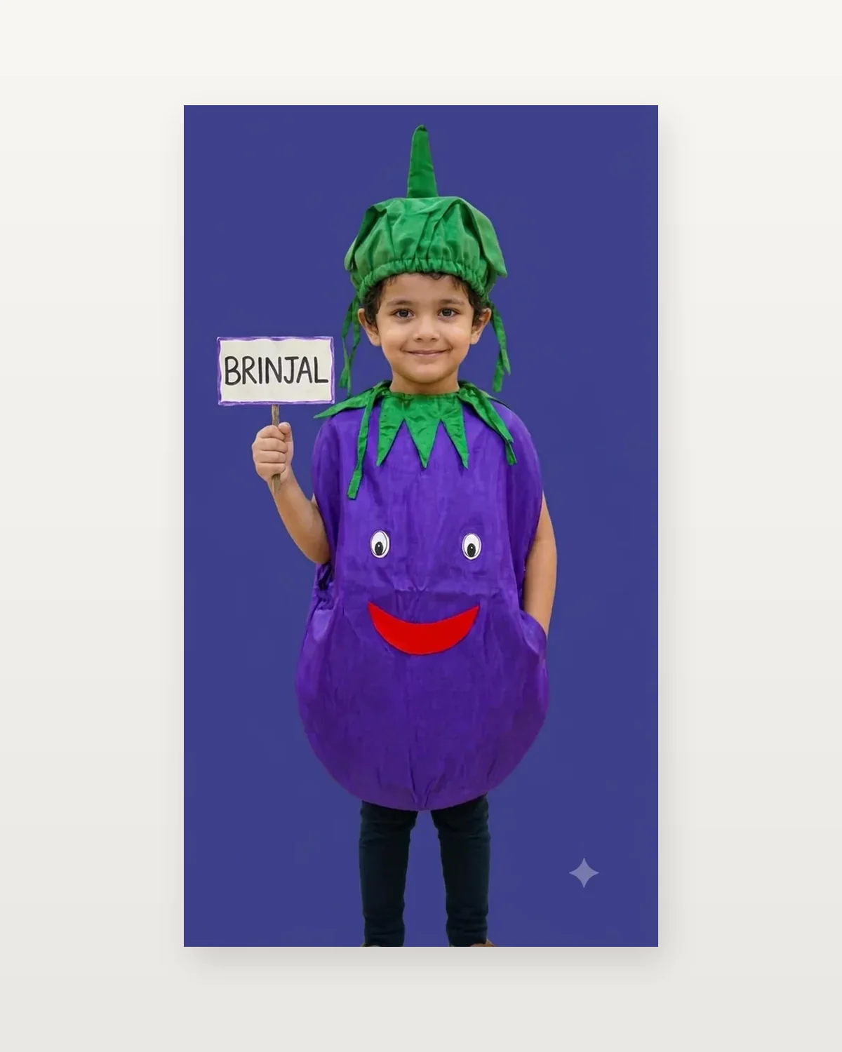 Brinjal Costume for kids — Studio front view — Purple/Green colour — Polyester fabric — Indian sizes One Size — Fruits / Vegetables fancy dress for school annual day & sports day — Kolkata & West Bengal delivery — ZapCostumes