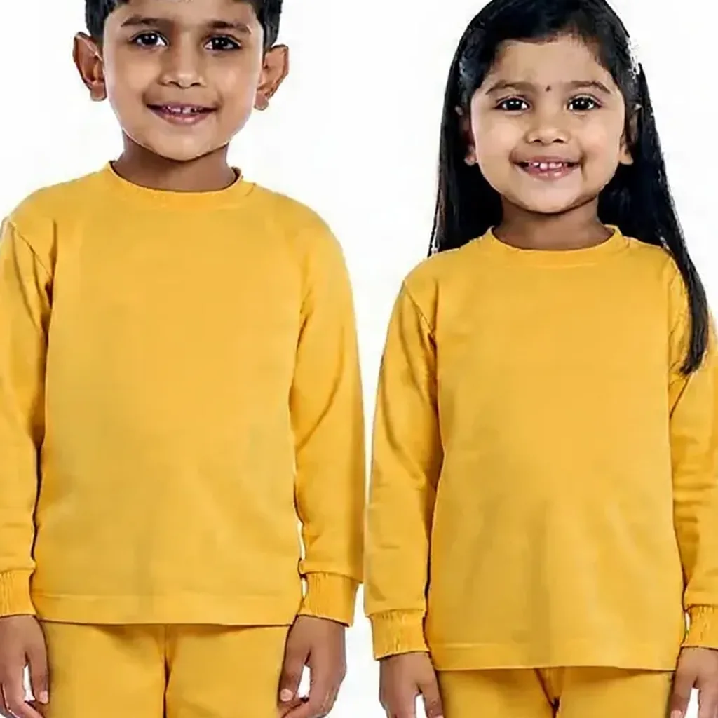 Yellow Tracksuit for kids — Zoomed-in fabric & detail view — Yellow colour — Polyester Blend fabric — Indian sizes 22–34 — Tracksuits / Jersey fancy dress for school annual day & sports day — Kolkata & West Bengal delivery — ZapCostumes