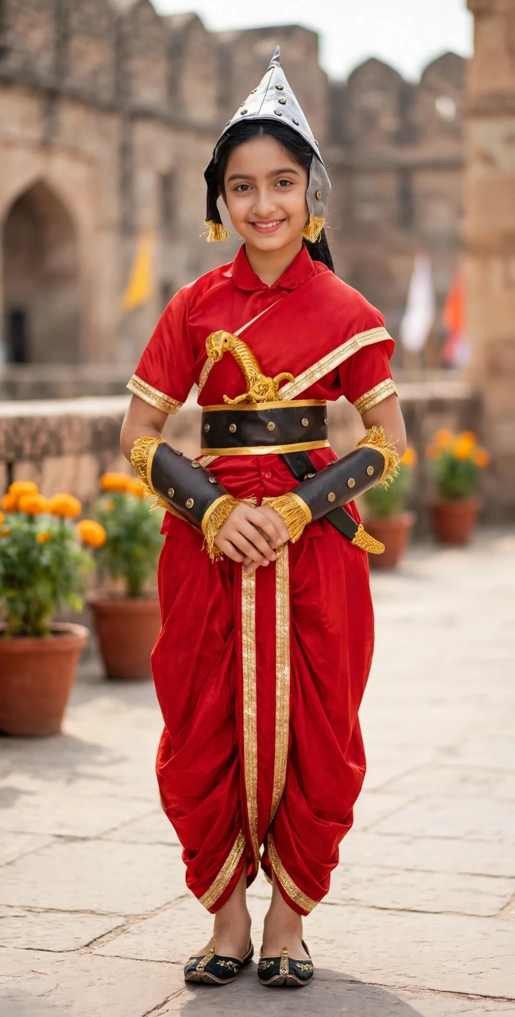 Rani Lakshmibai Costume for kids — Red/Gold colour — Polyester fabric — Indian sizes S (24)–XL (36) — Freedom Fighters fancy dress for school annual day & sports day — Kolkata & West Bengal delivery — ZapCostumes