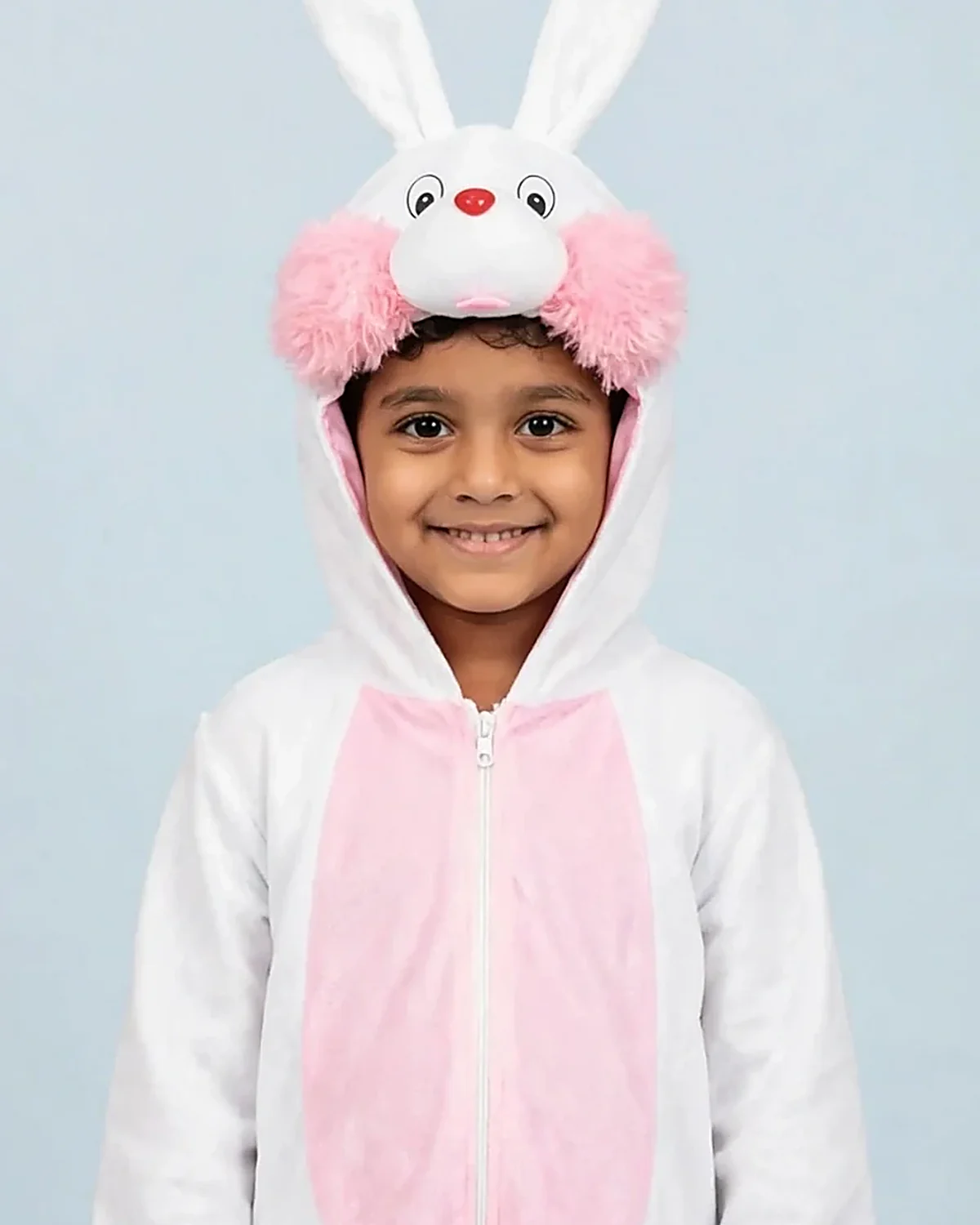 Rabbit Costume for kids — Top half close-up — White/Pink colour — Plush Polyester fabric — Indian sizes S–L — Animals fancy dress for school annual day & sports day — Kolkata & West Bengal delivery — ZapCostumes
